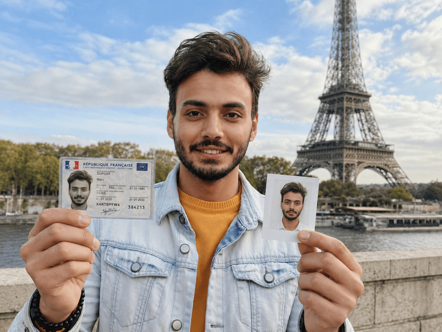 Man holding a French ID card and passport photo in front of the Eiffel Tower