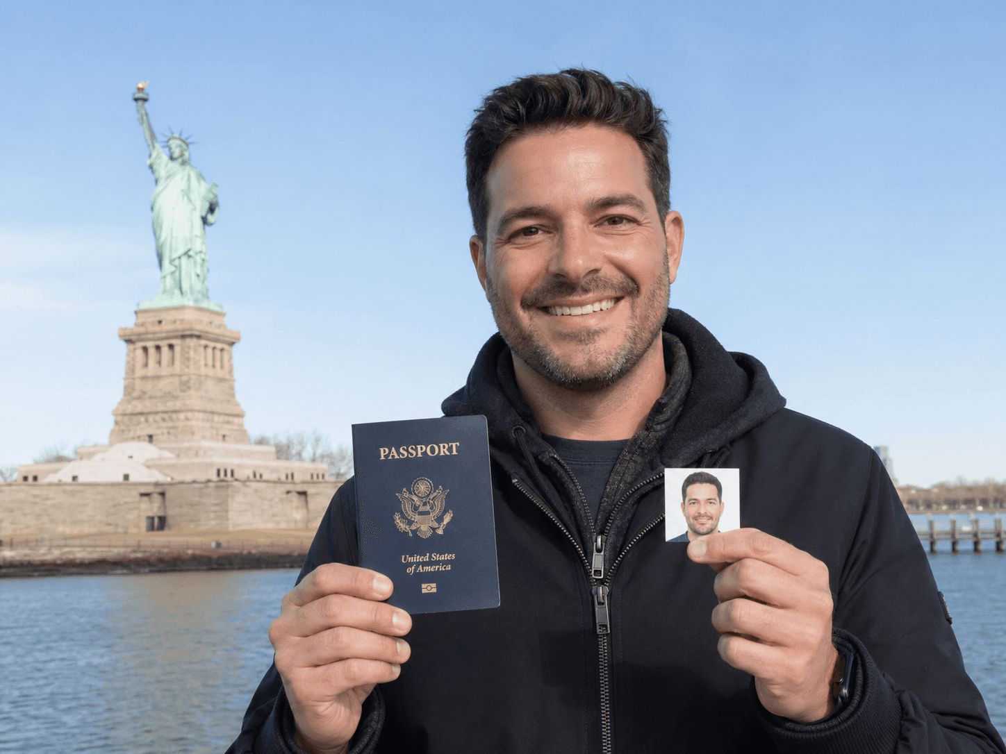 Man holding a US passport and passport photo in front of the Statue of Liberty